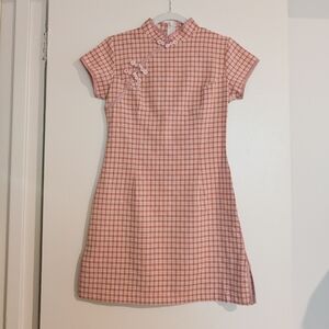 Pink & White Plaid Modern Chinese Qipao / Cheongsam Mini Dress